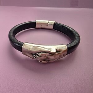 Human Hand and Animal Paw Handshake Leather Bracelet Black Silver Magnetic Clasp
